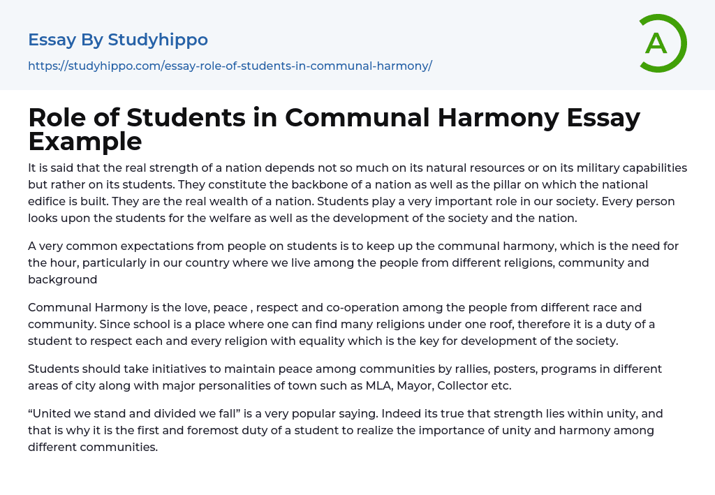 Role of Students in Communal Harmony Essay Example