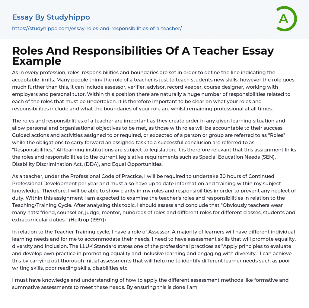 Roles And Responsibilities Of A Teacher Essay Example StudyHippo