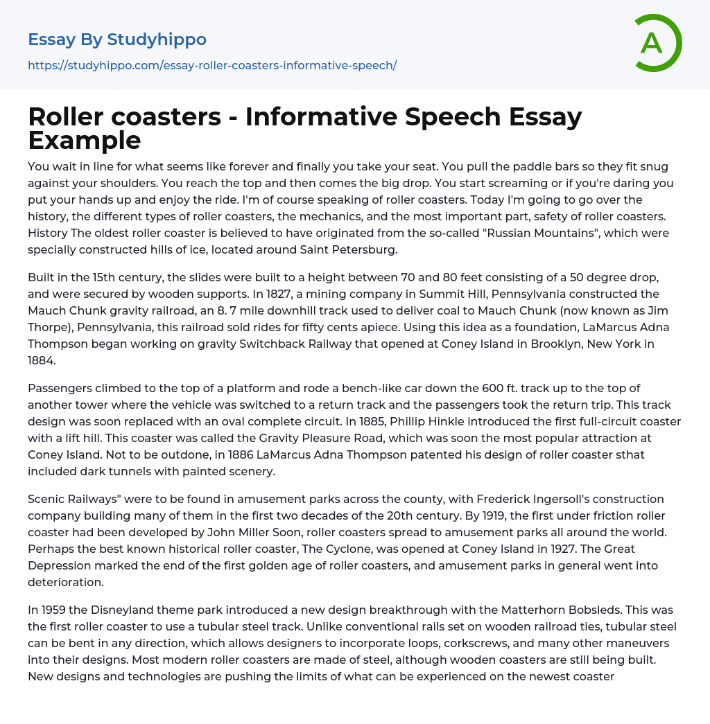 Roller coasters – Informative Speech Essay Example