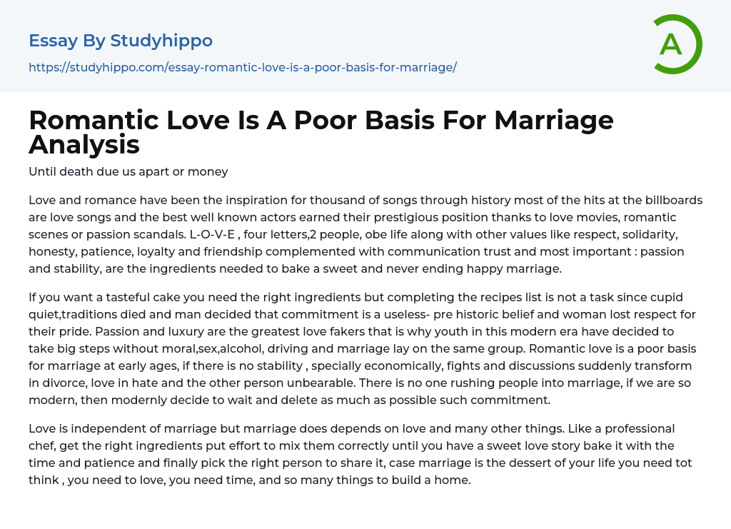 Romantic Love Is A Poor Basis For Marriage Analysis Essay Example