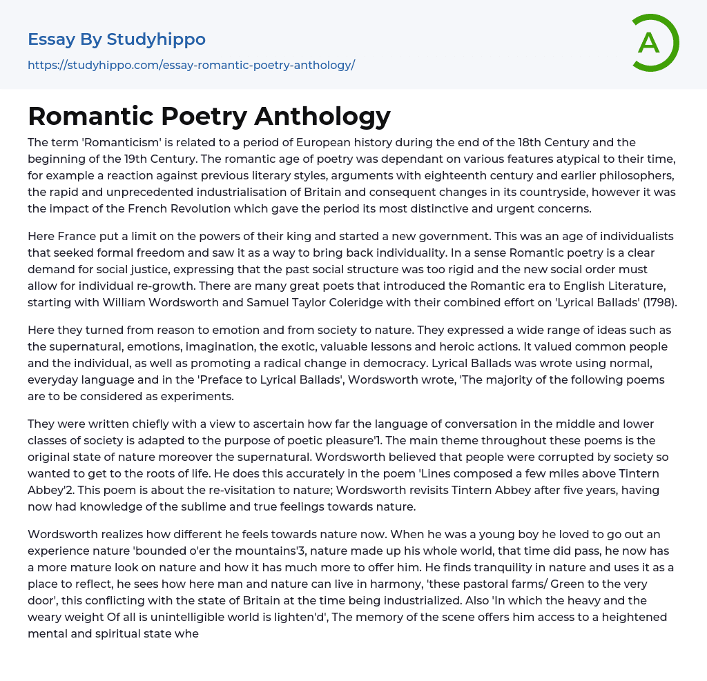 Romantic Poetry Anthology Essay Example