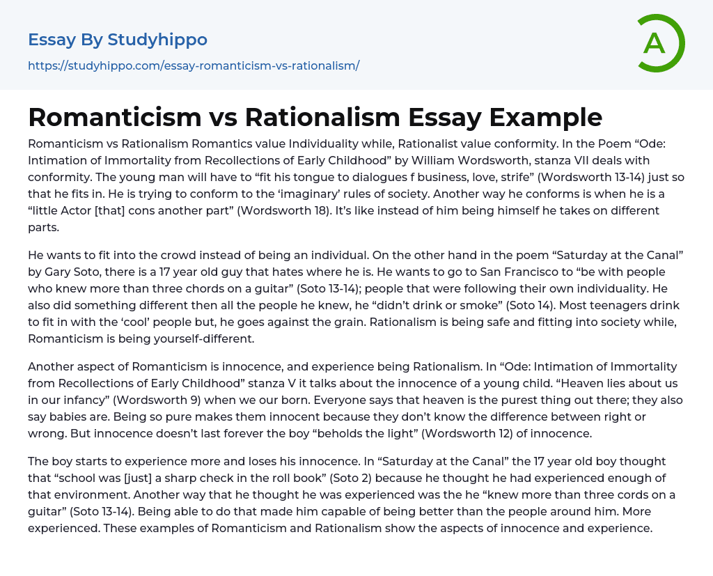 Romanticism vs Rationalism Essay Example