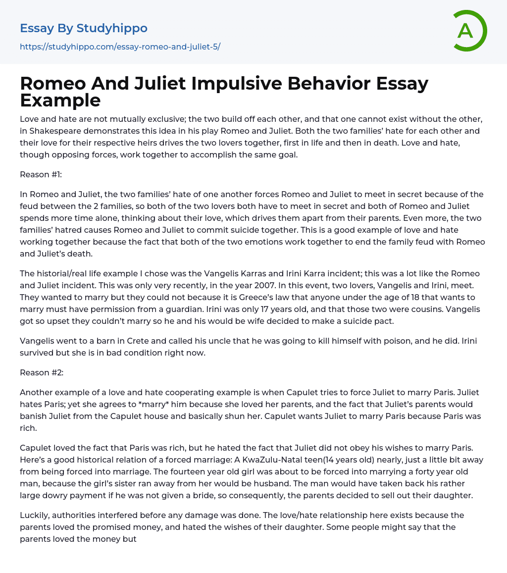 Romeo And Juliet Impulsive Behavior Essay Example