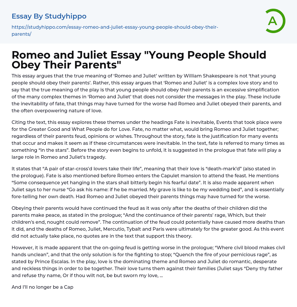 Romeo and Juliet Essay “Young People Should Obey Their Parents”