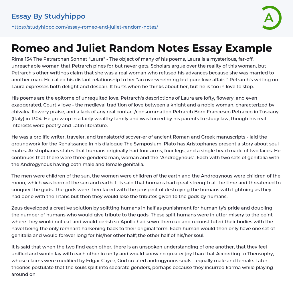 Romeo and Juliet Random Notes Essay Example