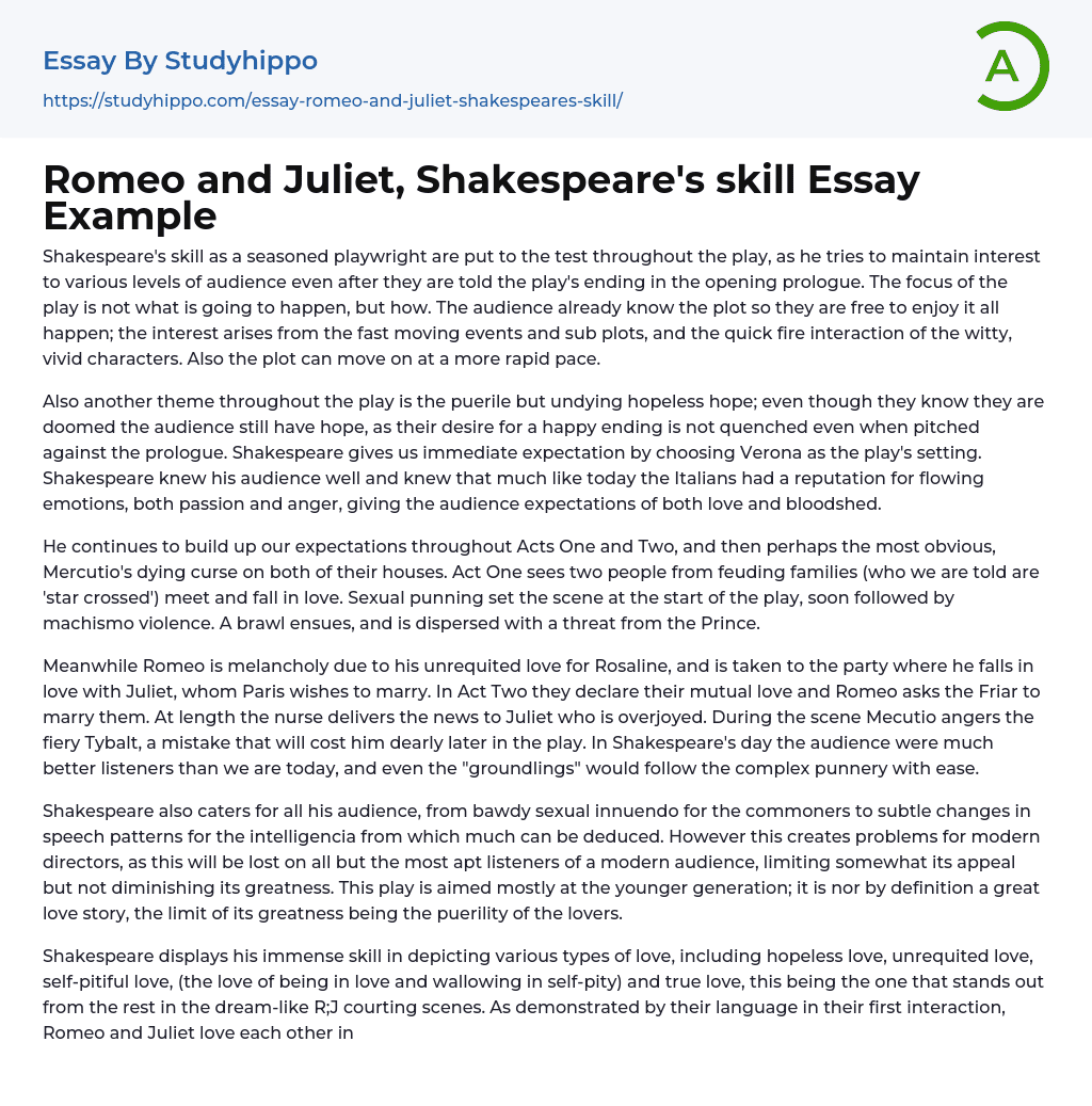 Romeo and Juliet, Shakespeare’s skill Essay Example