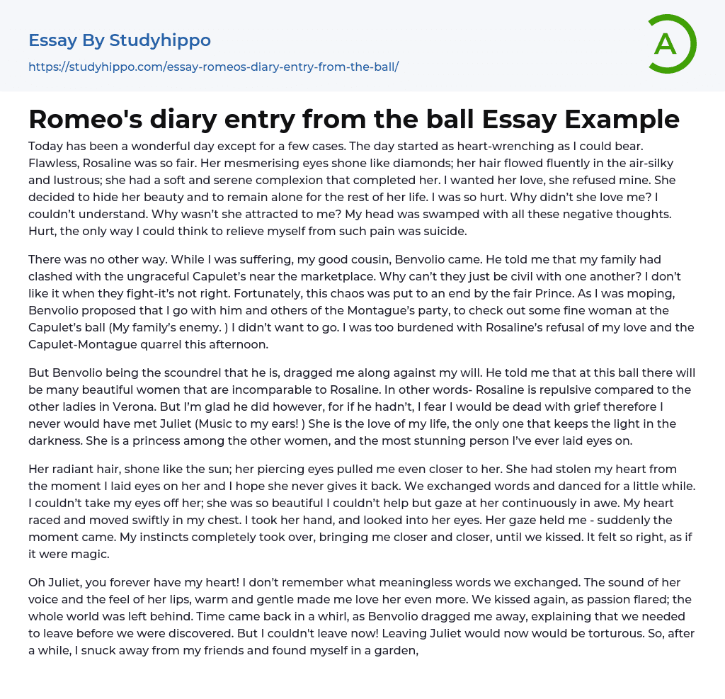 Romeo’s diary entry from the ball Essay Example