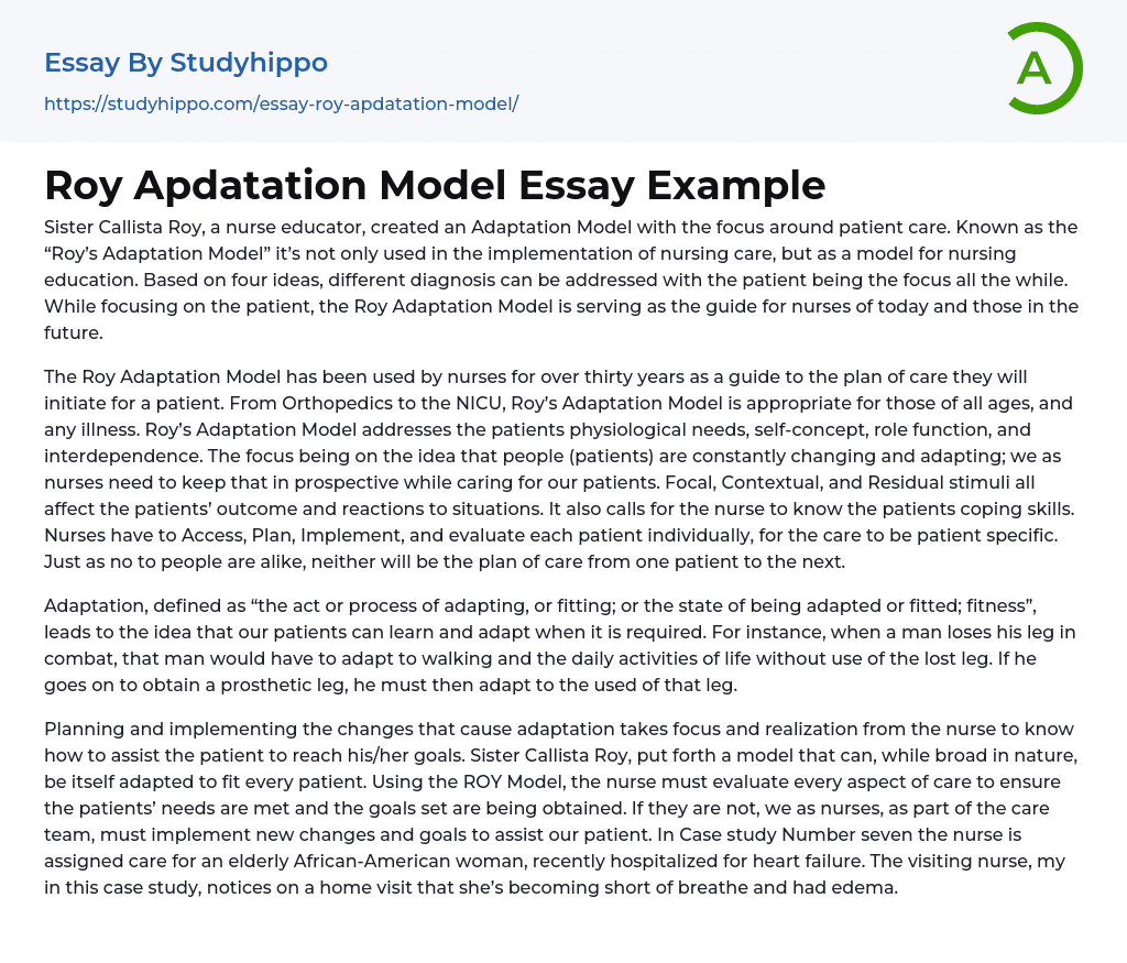 Roy Apdatation Model Essay Example