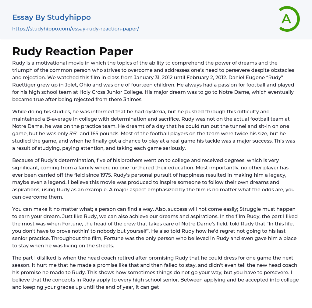 Rudy Reaction Paper Essay Example