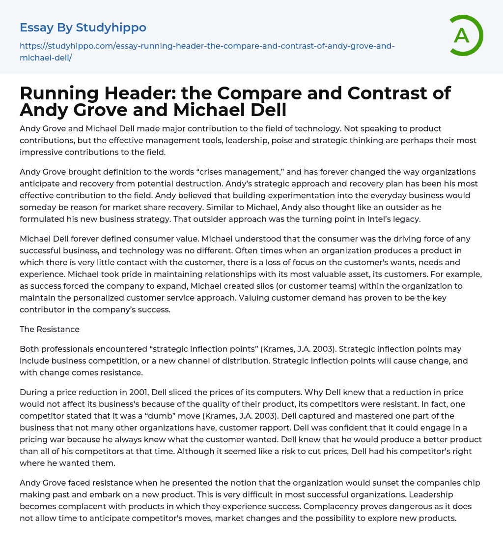 Running Header: the Compare and Contrast of Andy Grove and Michael Dell Essay Example