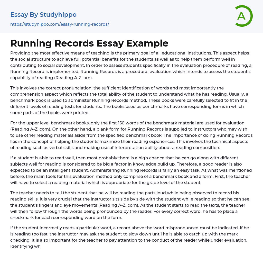 Running Records Essay Example
