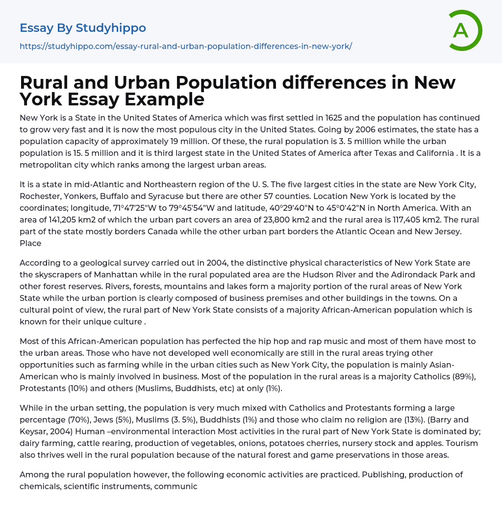 Rural and Urban Population differences in New York Essay Example