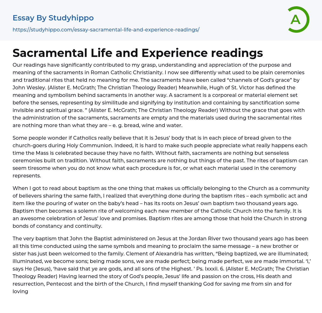 Sacramental Life and Experience readings Essay Example