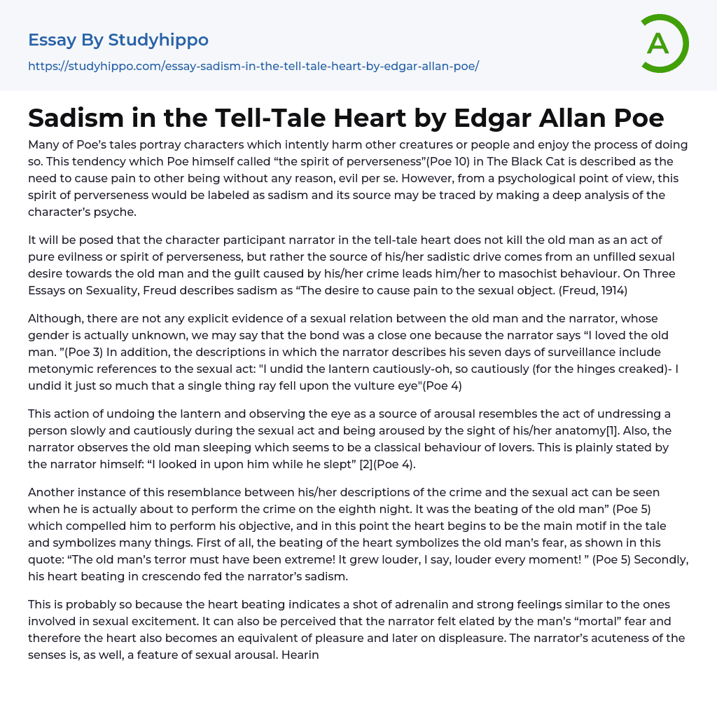 Sadism in the Tell-Tale Heart by Edgar Allan Poe Essay Example