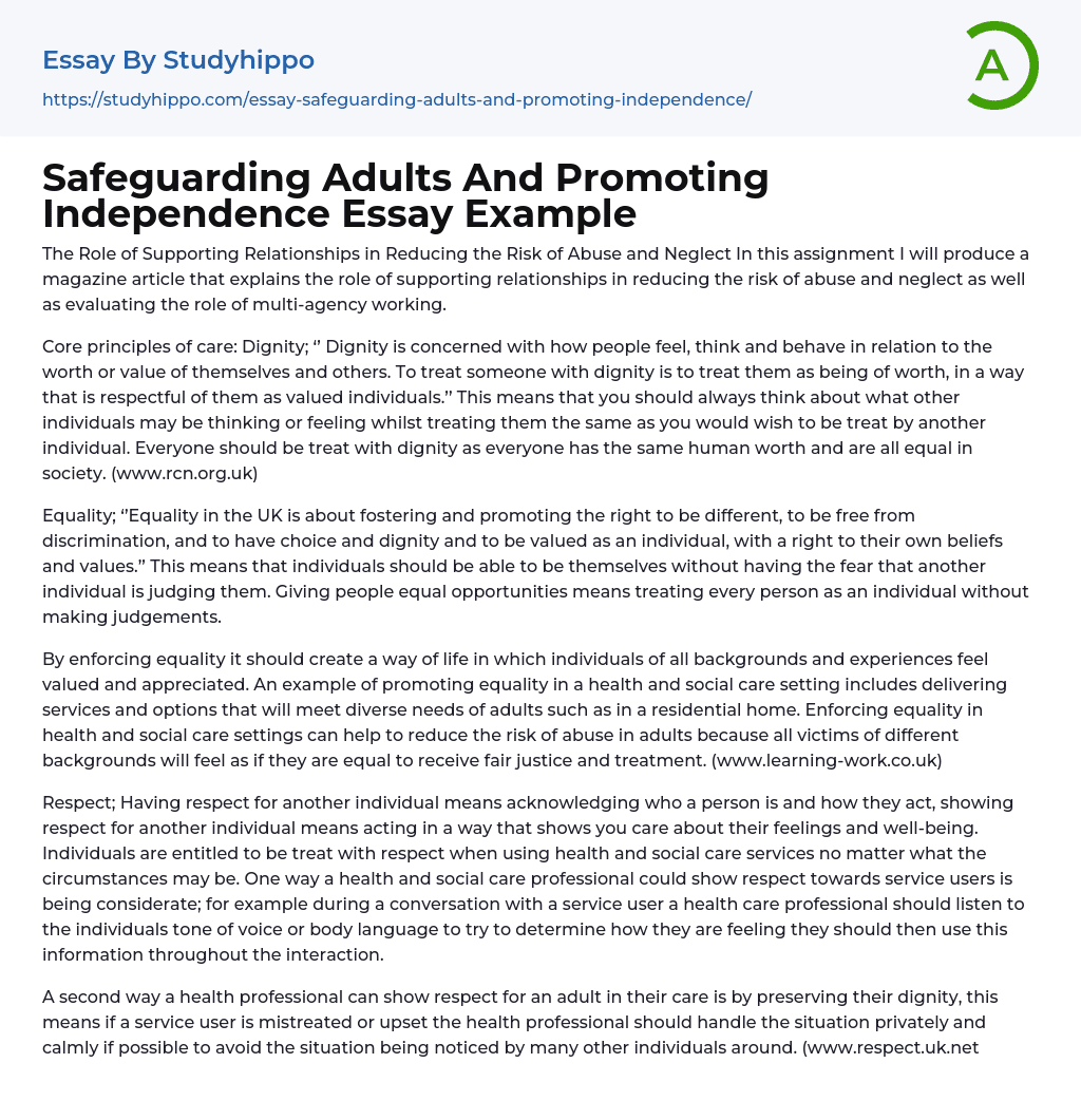 Safeguarding Adults And Promoting Independence Essay Example
