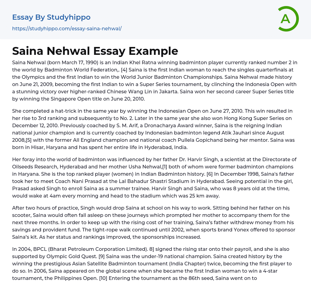 Saina Nehwal Essay Example