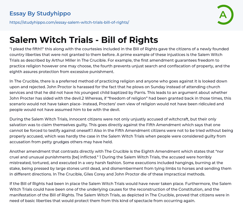 Salem Witch Trials – Bill of Rights Essay Example