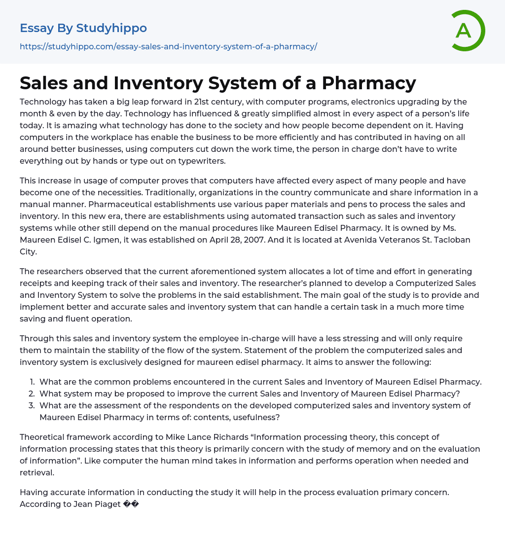 Sales and Inventory System of a Pharmacy Essay Example