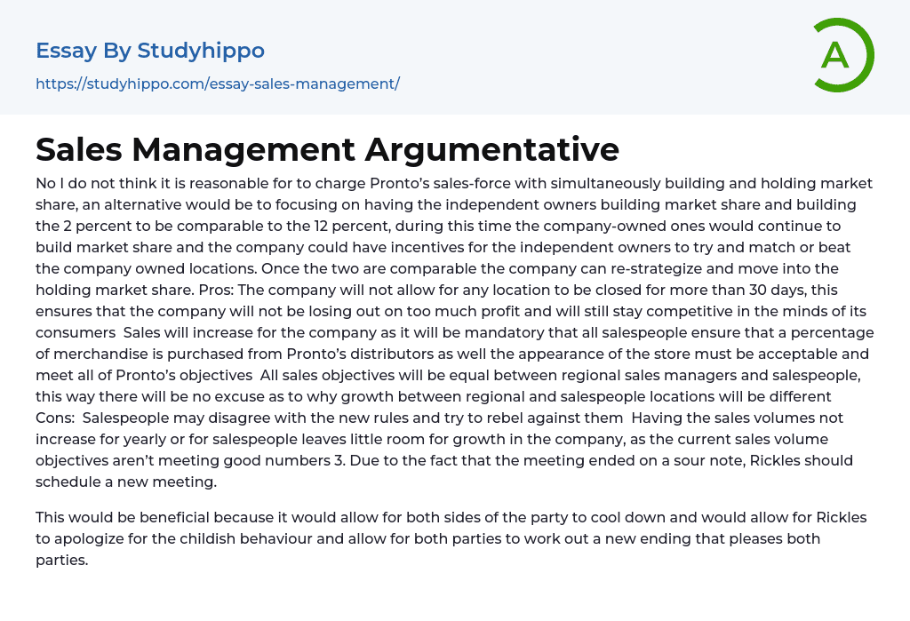 Sales Management Argumentative Essay Example