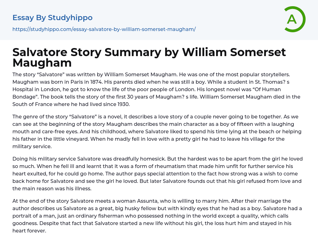 Salvatore Story Summary by William Somerset Maugham Essay Example