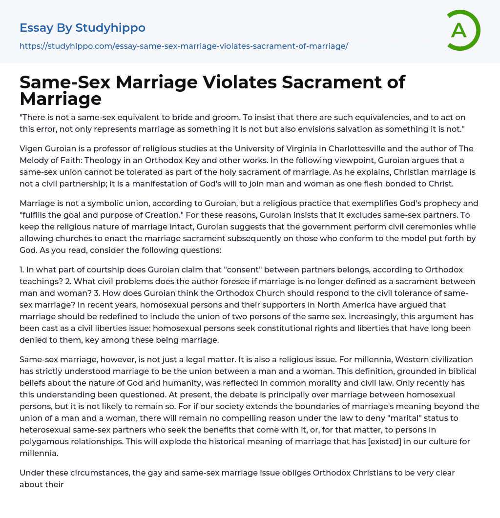 Same-Sex Marriage Violates Sacrament of Marriage Essay Example