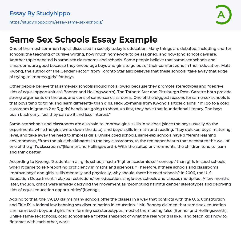 Same Sex Schools Essay Example