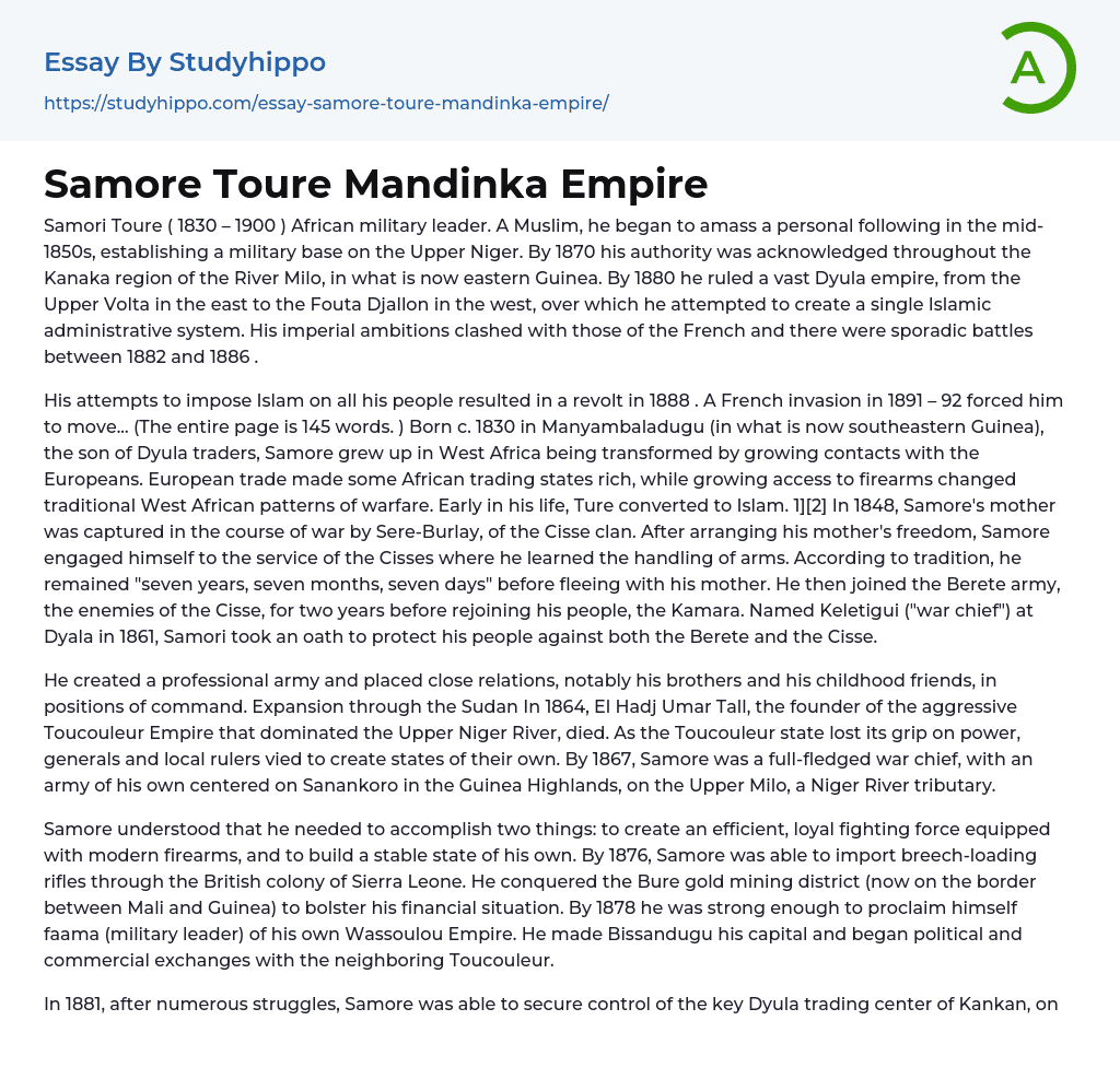 Samore Toure Mandinka Empire Essay Example