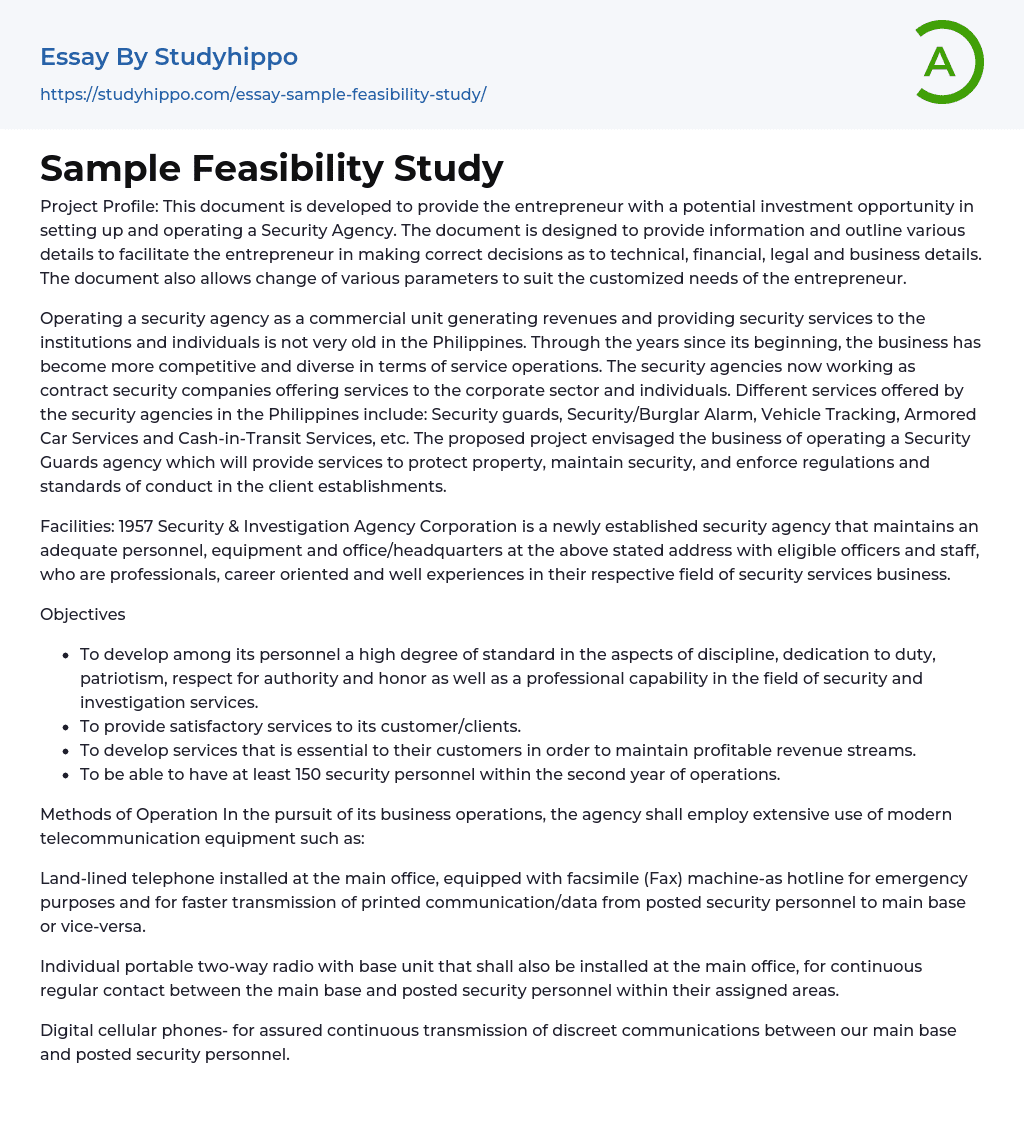 Sample Feasibility Study Essay Example