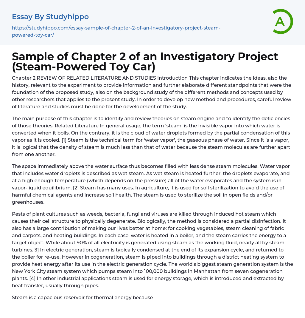 Investigatory Project: Steam-Powered Toy Car Essay Example