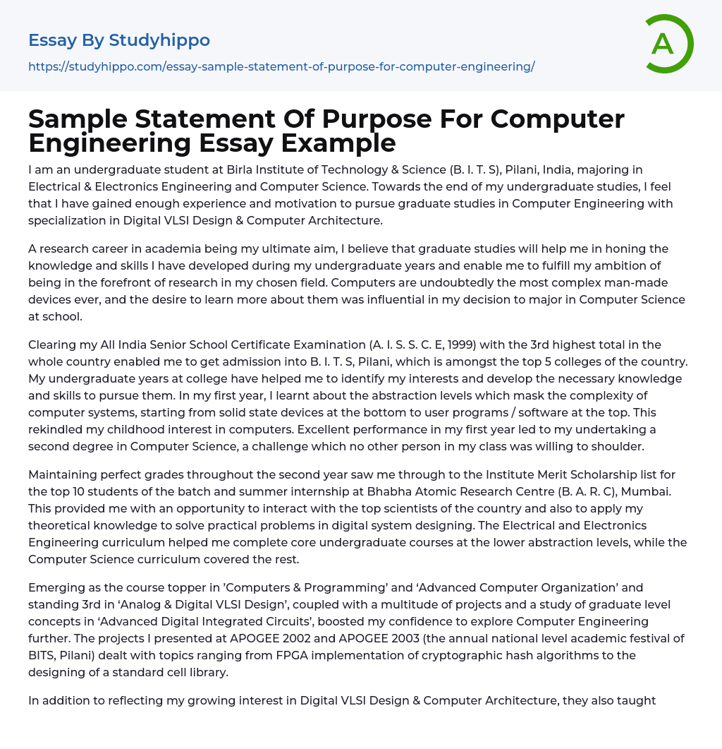Sample Statement Of Purpose For Computer Engineering Essay Example