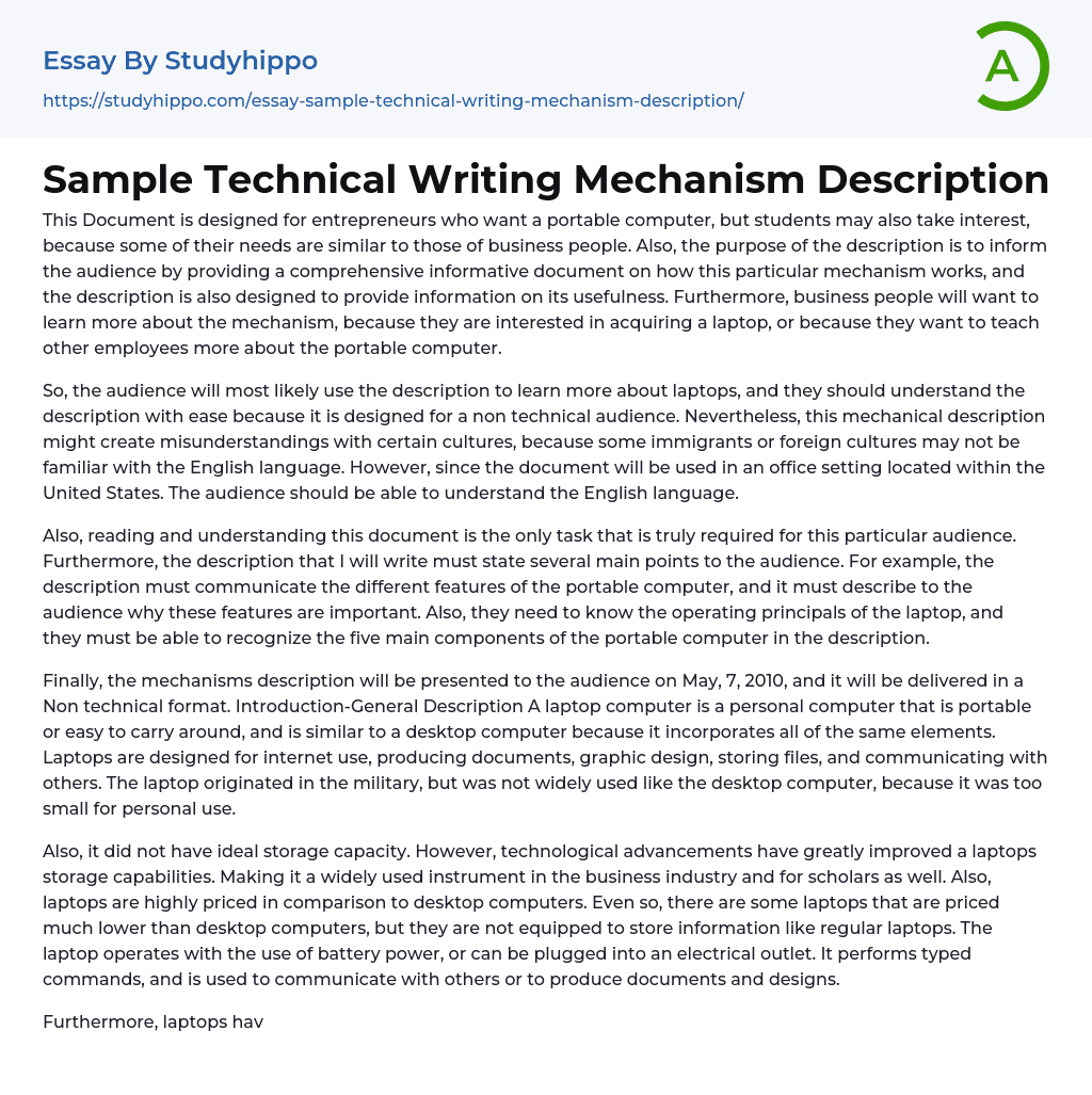 Sample Technical Writing Mechanism Description Essay Example