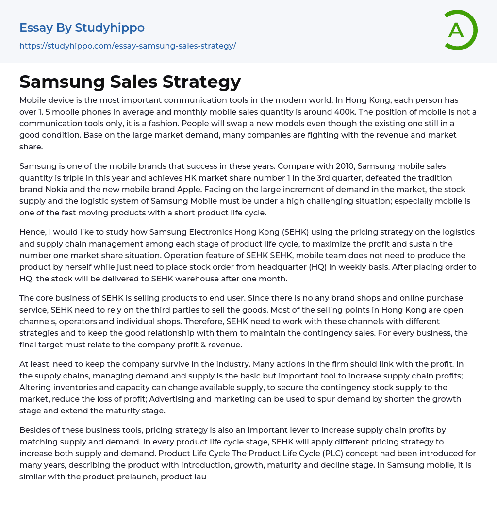 Samsung Sales Strategy Essay Example