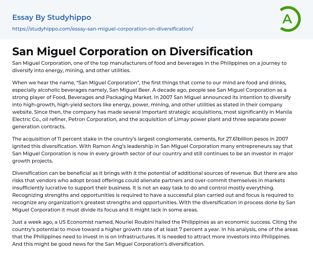 San Miguel Corporation on Diversification Essay Example