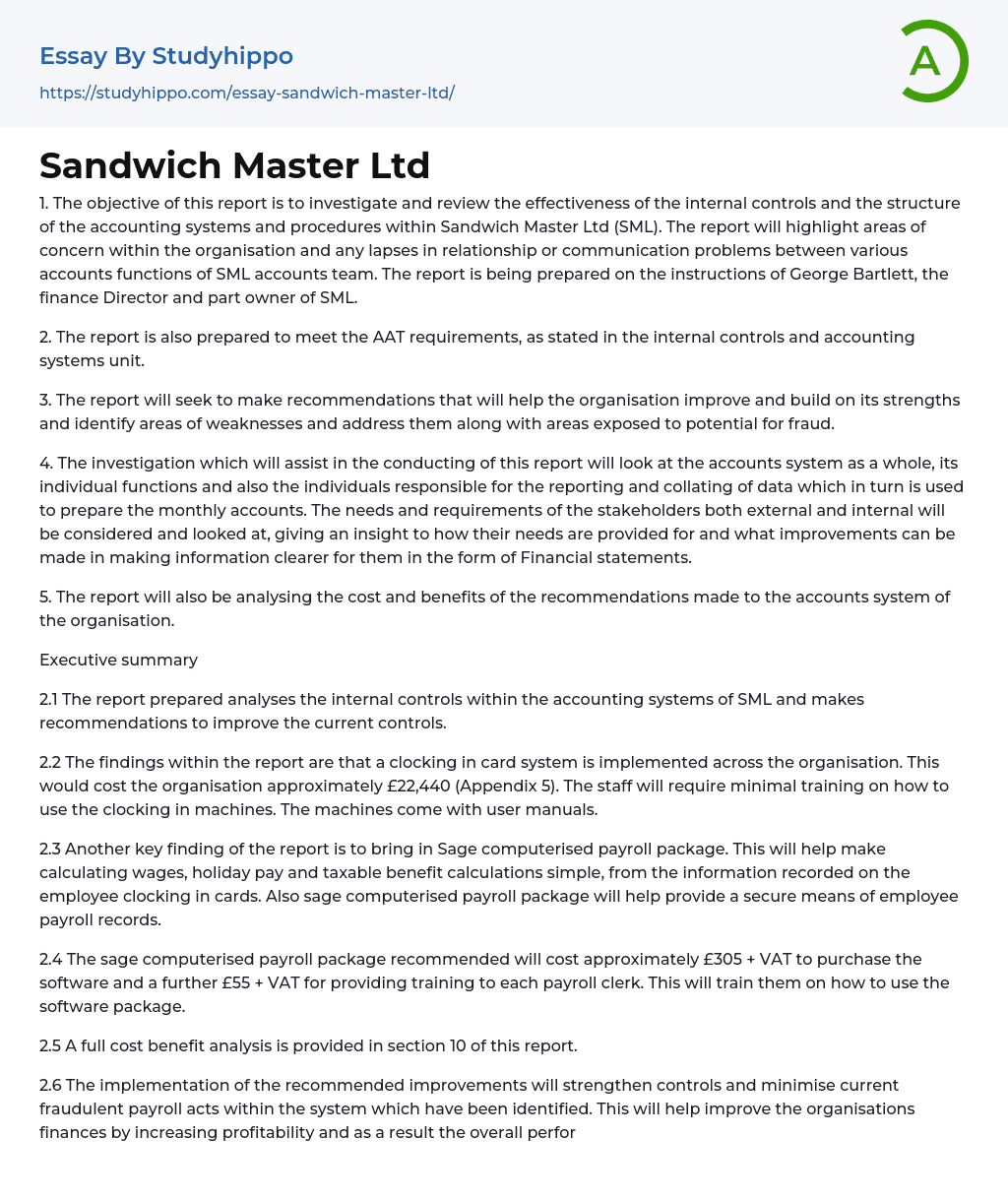 Sandwich Master Ltd Essay Example