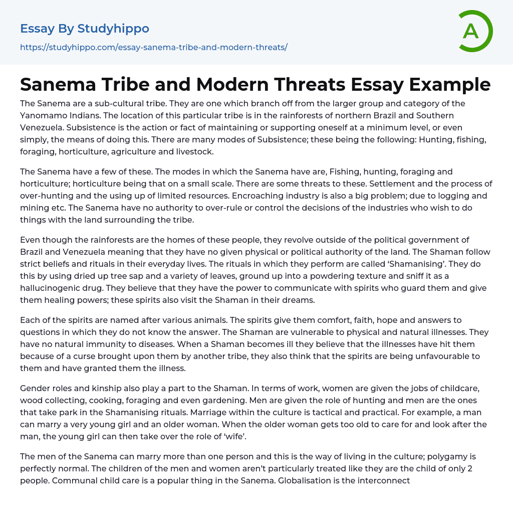 Sanema Tribe and Modern Threats Essay Example