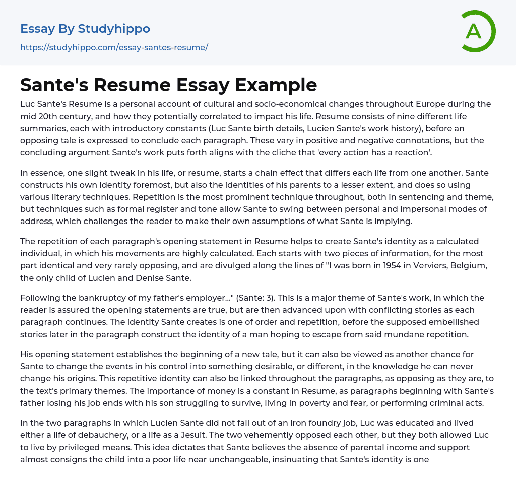 Sante’s Resume Essay Example