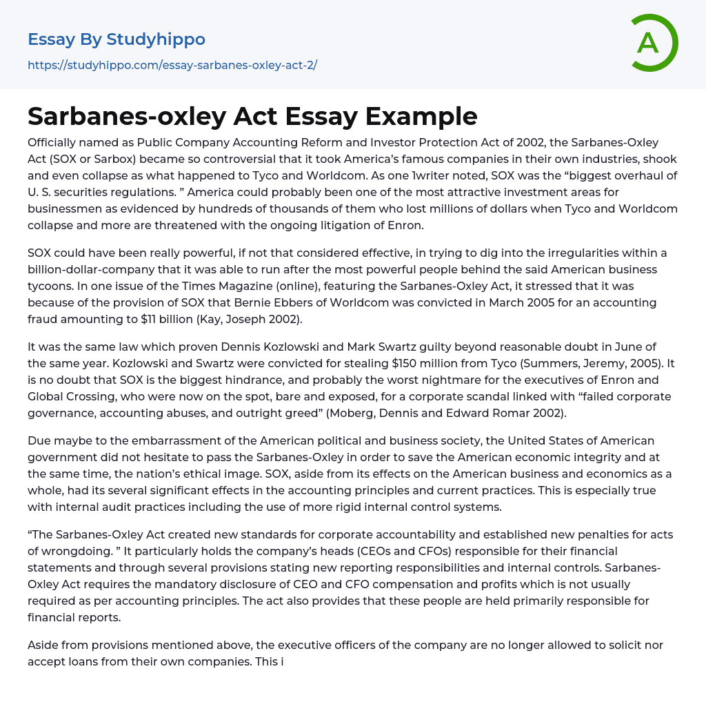 Sarbanes-oxley Act Essay Example
