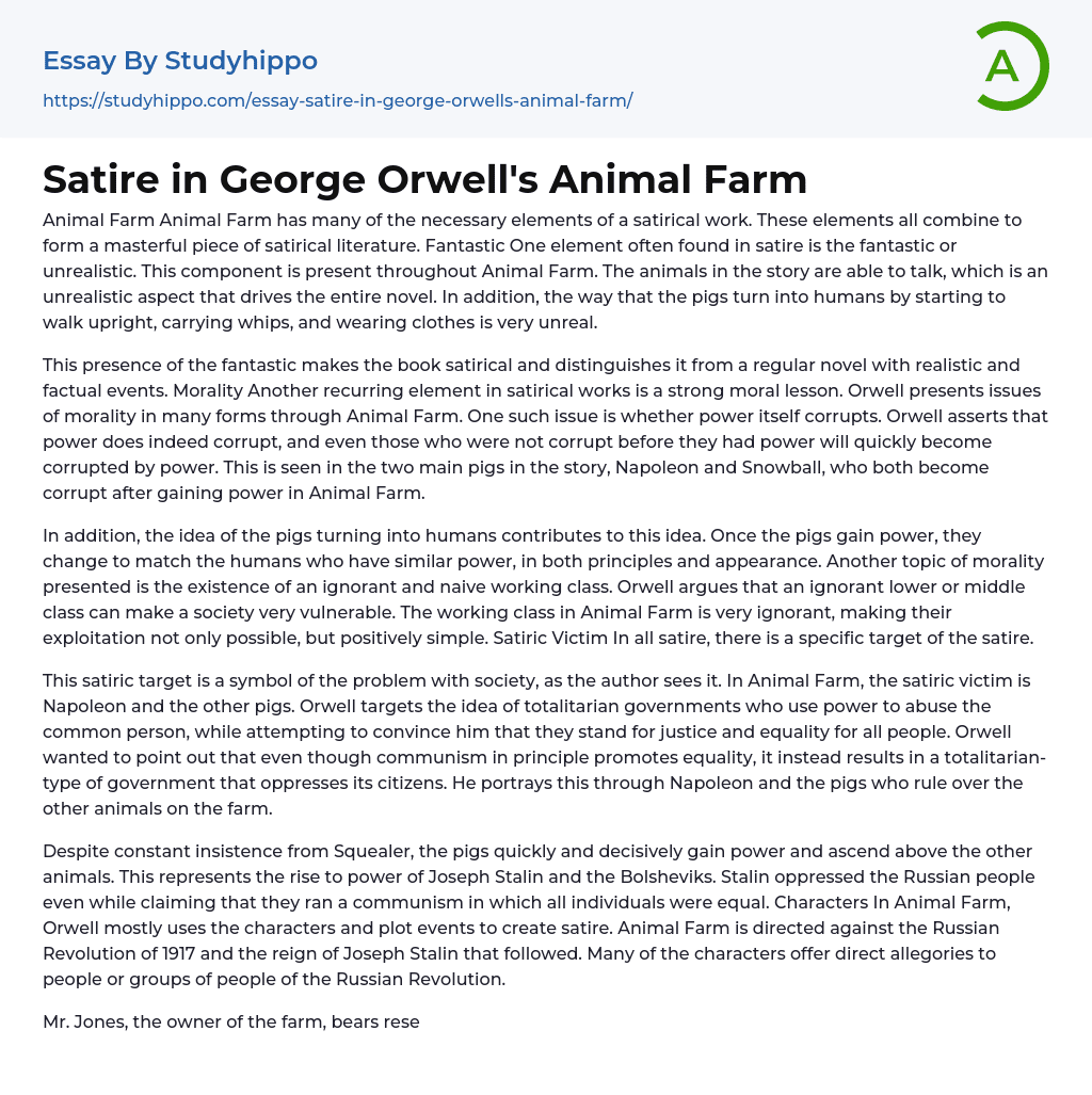 Satire in George Orwell’s Animal Farm Essay Example