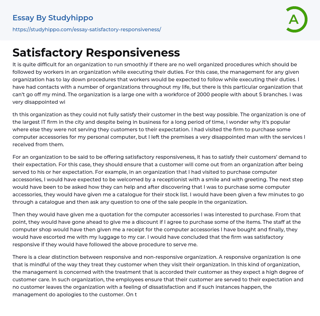 Satisfactory Responsiveness Essay Example