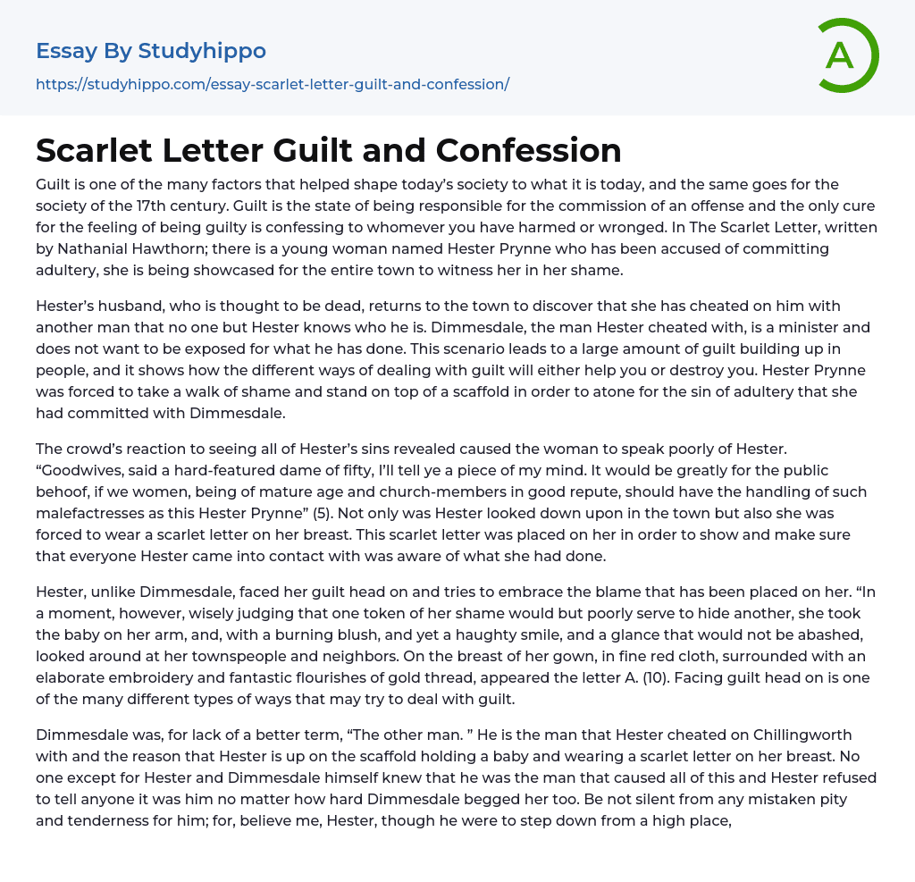 Scarlet Letter Guilt and Confession Essay Example