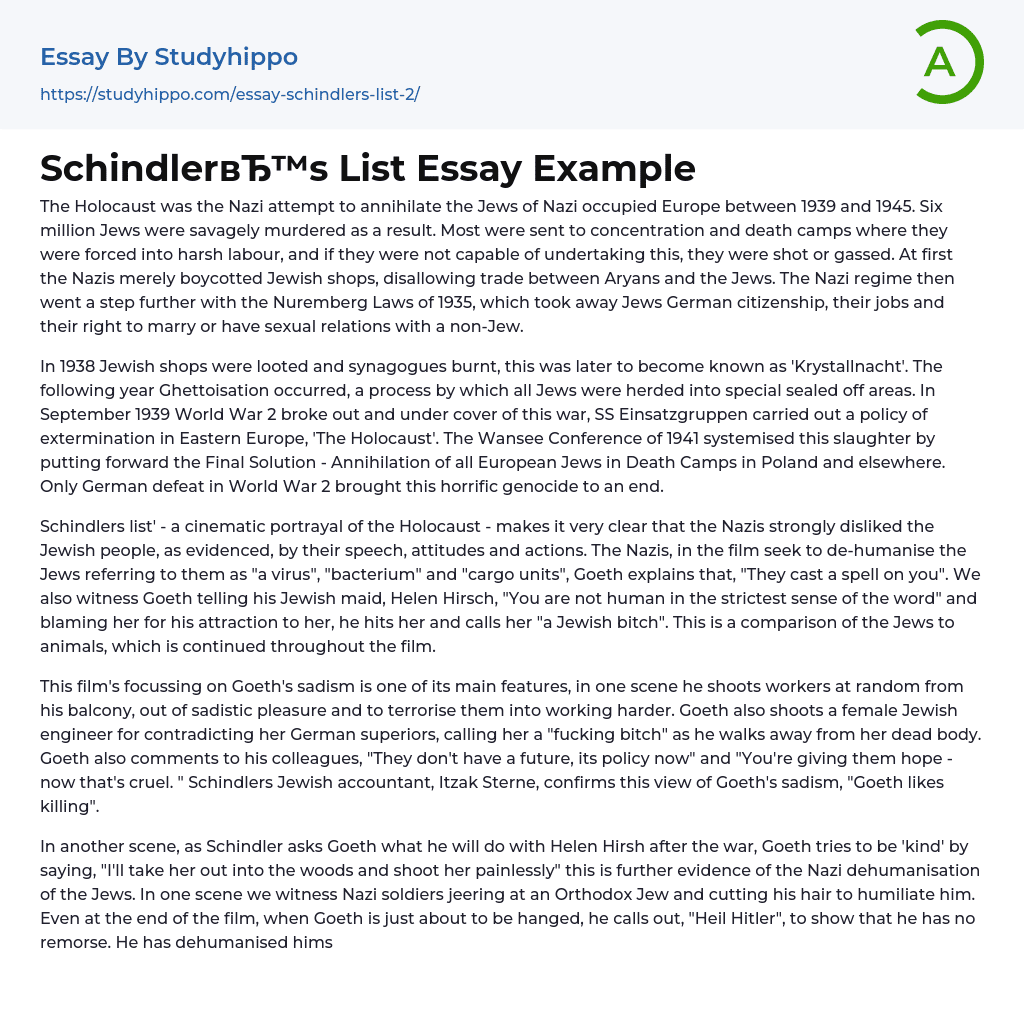 Schindler’s List Essay Example