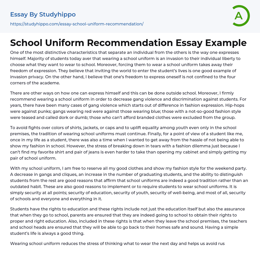 School Uniform Recommendation Essay Example
