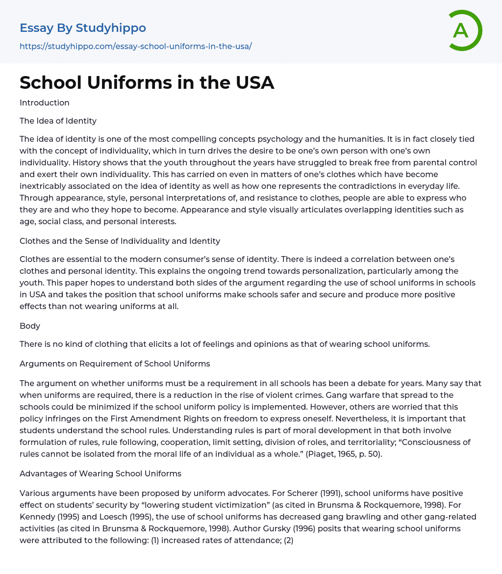 School Uniforms in the USA Essay Example