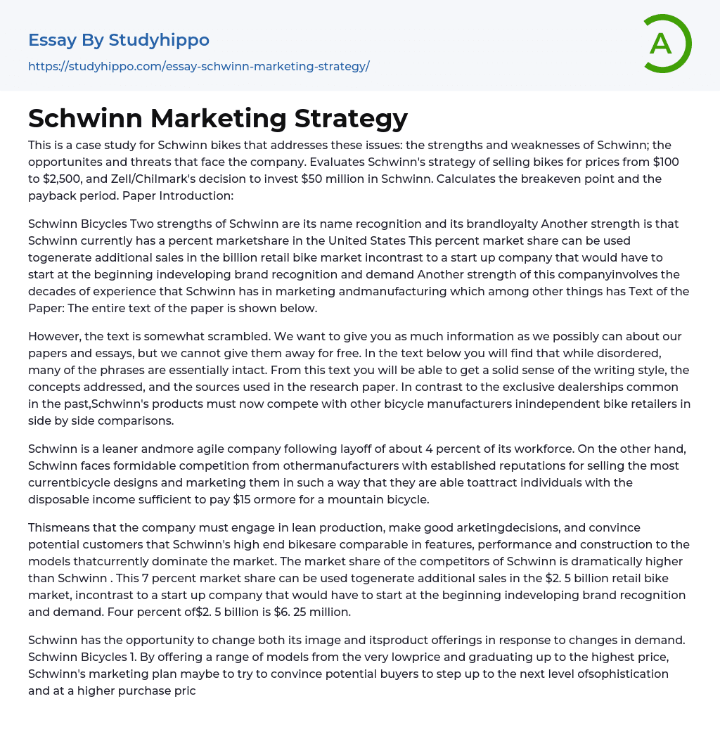 Schwinn Marketing Strategy Essay Example