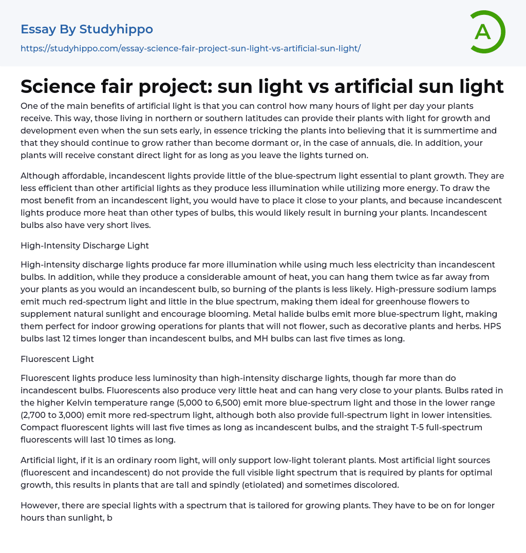 Science fair project: sun light vs artificial sun light Essay Example