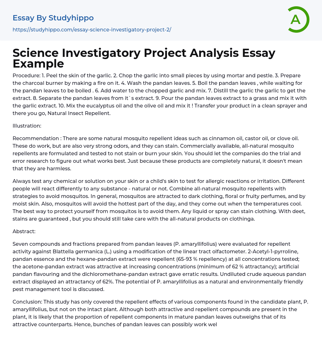 Science Investigatory Project Analysis Essay Example