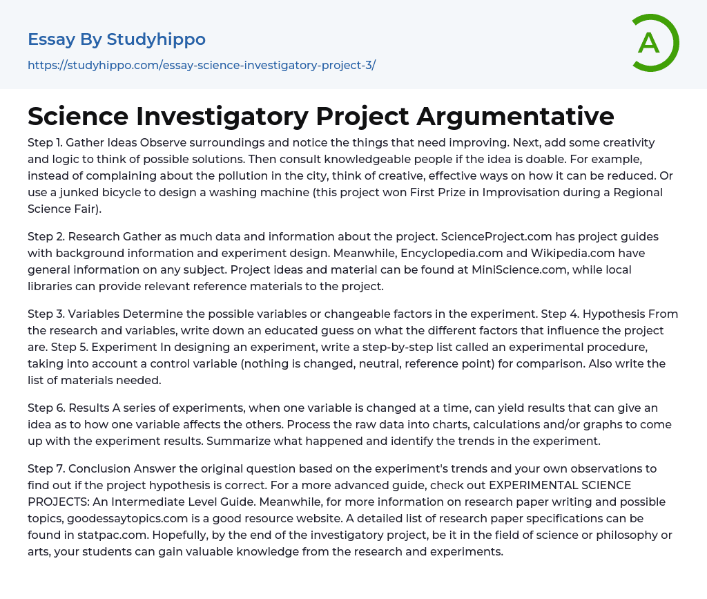 Science Investigatory Project Argumentative Essay Example
