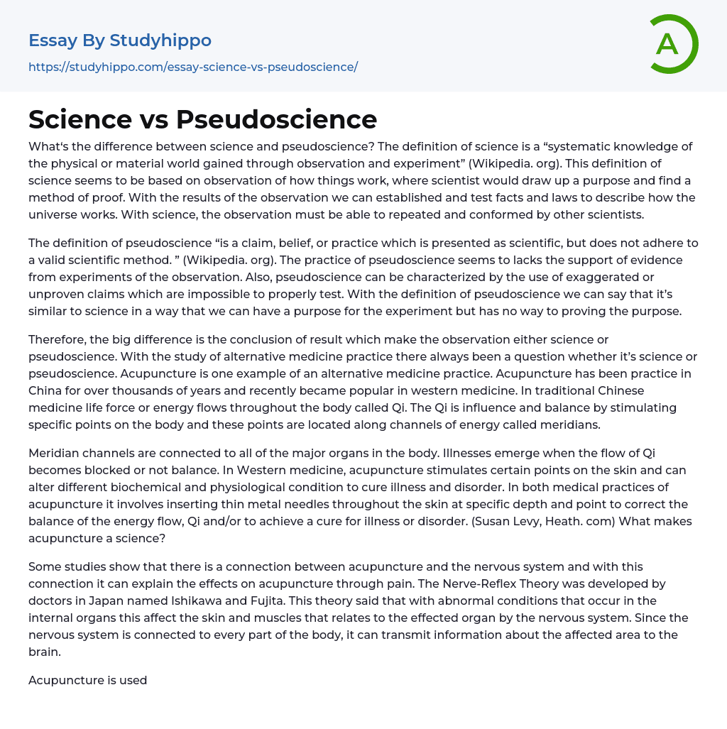Science vs Pseudoscience Essay Example