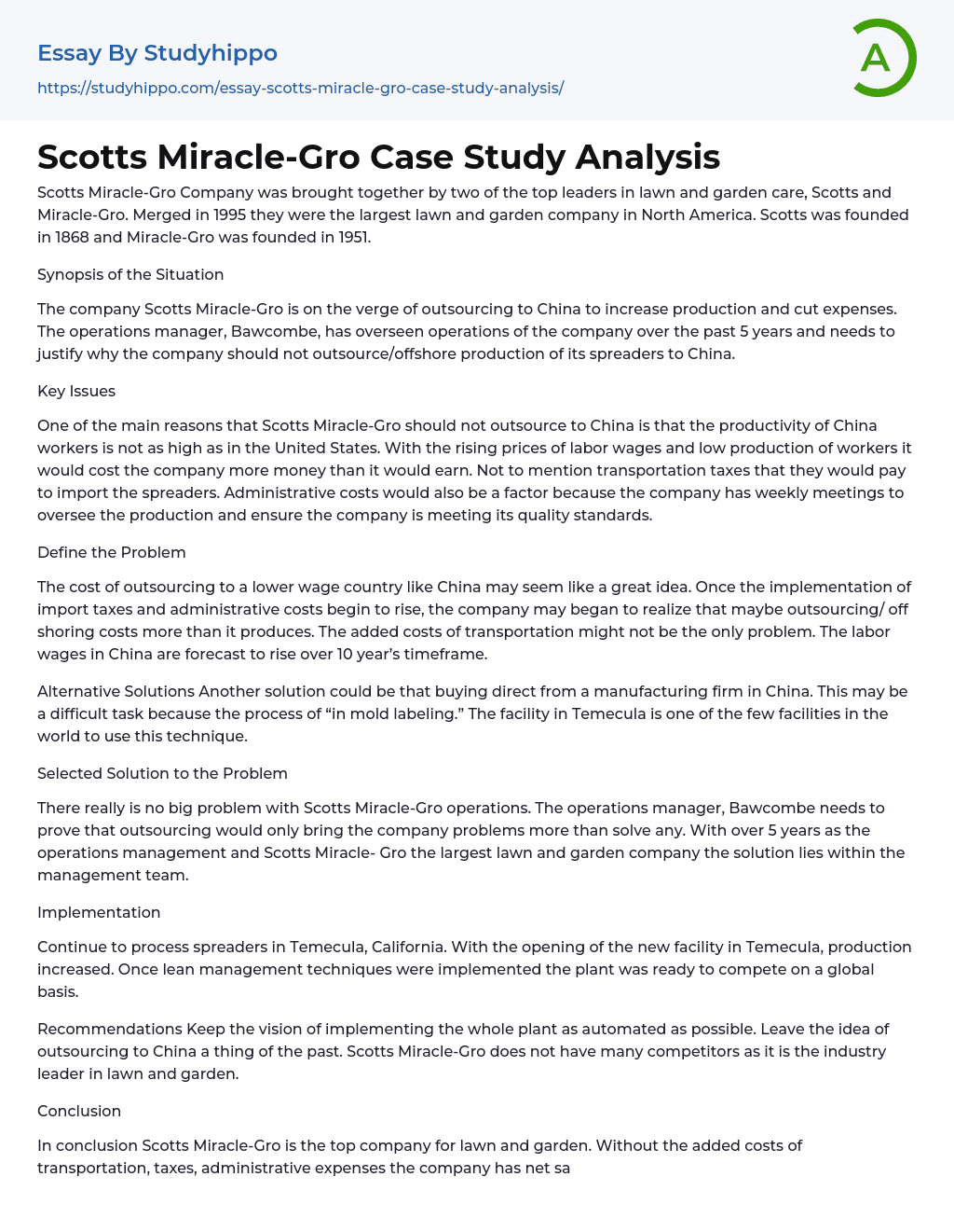 Scotts Miracle-Gro Case Study Analysis Essay Example