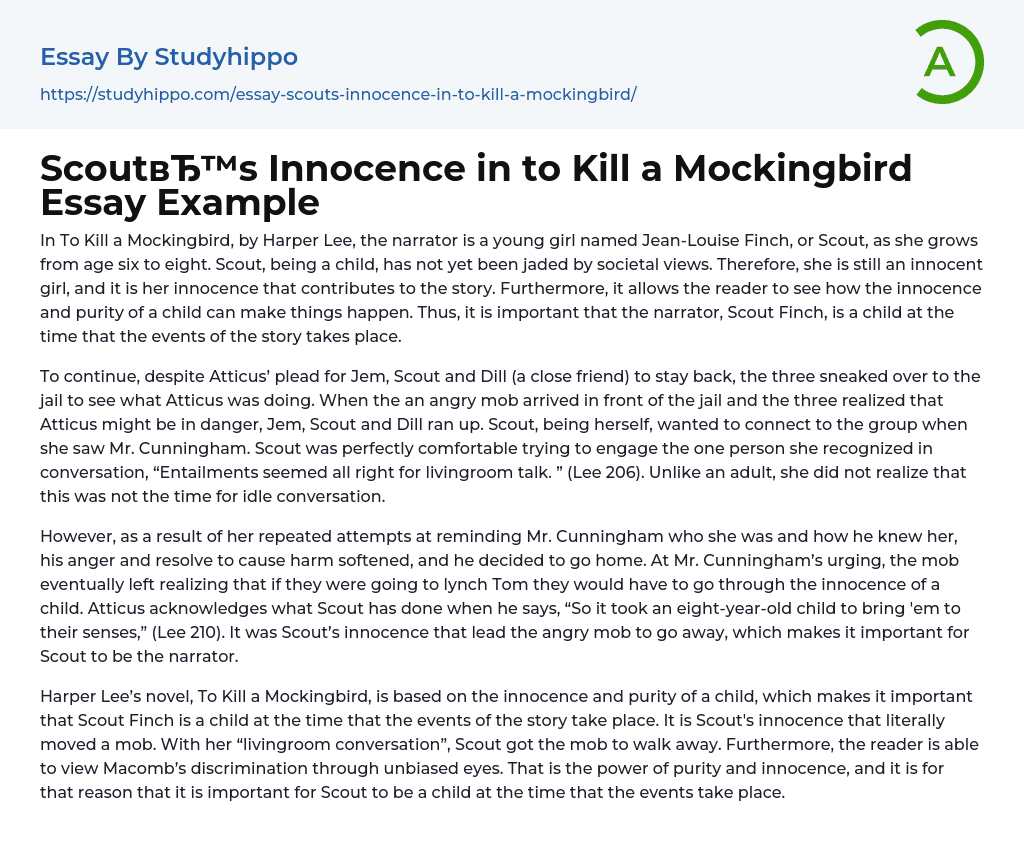 Scout’s Innocence in to Kill a Mockingbird Essay Example